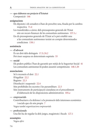 A                     Í nDE x anal ÍTIC DE la Cons TIT u CIó


— que elaboren un projecte d’Estatut
  Composició 146
assignacions
    Els diputats i els senadors n’han de percebre una, fixada per la cambra
        respectiva 71.4
    Les transferides a càrrec dels pressupostos generals de l’Estat
        són un recurs financer de les comunitats autònomes 157.1.c
    En els pressupostos generals de l’Estat se’n pot establir una
        a les comunitats autònomes tenint en compte determinades
        condicions 158.1
assistència
— d’advocat
  És un dret dels detinguts 17.3; 24.2
  Pot ésser suspesa en determinats supòsits 55
— social
  Els poders públics l’han de garantir per mitjà de la Seguretat Social 41
  Les comunitats autònomes hi poden assumir competències 148.1.20
associacions
   Se’n reconeix el dret 22.1
   Il·legalitat 22.2
   Registre 22.3
   Dissolució i suspensió 22.4
   Són prohibides les secretes i les paramilitars 22.5
   Són instruments de participació ciutadana en el procediment
        d’elaboració de les disposicions administratives 105.a
— empresarials
  Contribueixen a la defensa i a la promoció dels interessos econòmics
    i socials que els són propis 7
     Vegeu també organitzacions empresarials
— professionals
  Una llei ha de regular la dels jutges, magistrats i fiscals 127.1
assumptes
     Vegeu afers

76
 