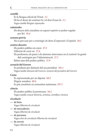 C                       Í nDE x anal ÍTIC DE la Cons TIT u CIó


castellà
   És la llengua oficial de l’Estat 3.1
   Hi ha el deure de conèixer-lo i el dret d’usar-lo 3.1
     Vegeu també llengües espanyoles
catàstrofes
   Els deures dels ciutadans en aquest supòsit es poden regular
       per llei 30.4
censura prèvia
   No es pot usar per a restringir els drets d’expressió i d’opinió 20.2
centres docents
   Els poders públics en creen 27.5
   Llibertat de crear-ne 27.6
   Els professors, els pares i els alumnes intervenen en el control i la gestió
       dels sostinguts per l’Administració 27.7
   Reben ajut dels poders públics 27.9
cessació del Govern
    Es produeix per dimissió del seu president 101.1
     Vegeu també dimissió del Govern; remoció del president del Govern
Ceuta
   És representada per un diputat 68.2
   Elegeix senadors 69.4
   Es pot constituir en comunitat autònoma DT 5
ciència
    Els poders públics la promouen 44.2
     Vegeu també creació literària, artística, científica i tècnica
circulació
— de béns
     Vegeu llibertat de circulació
— de mercaderies
     Vegeu llibertat de circulació
— de persones
     Vegeu dret de circulació; llibertat de circulació
— de serveis
     Vegeu llibertat de circulació

82
 
