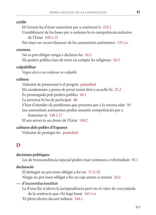 ÍN DE x ANALÍTIC DE LA CONSTITUCI ó                      D

crèdit
   El Govern ha d’ésser autoritzat per a contreure’n 135.1
   L’establiment de les bases per a ordenar-lo és competència exclusiva
       de l’Estat 149.1.11
   Pot ésser un recurs financer de les comunitats autònomes 157.1.e
creences
   No es pot obligar ningú a declarar-les 16.2
   Els poders públics han de tenir en compte les religioses 16.3
culpabilitat
    Vegeu dret a no confessar-se culpable
cultura
    Voluntat de promoure’n el progrés preàmbul
    Els condemnats a penes de presó tenen dret a accedir-hi 25.2
    És promoguda pels poders públics 44.1
    La joventut hi ha de participar 48
    S’han d’atendre els problemes que presenta per a la tercera edat 50
    Les comunitats autònomes poden assumir competències per a
        fomentar-la 148.1.17
    El seu servei és un deure de l’Estat 149.2
cultures dels pobles d’Espanya
    Voluntat de protegir-les preàmbul


D
decisions polítiques
   Les de transcendència especial poden ésser sotmeses a referèndum 92.1
declaració
   El detingut no pot ésser obligat a fer-ne 17.3; 55
   Ningú no pot ésser obligat a fer-ne cap contra si mateix 24.2
— d’inconstitucionalitat
   La d’una llei n’afecta la jurisprudència però no el valor de cosa jutjada
       de la sentència que s’hi hagi basat 161.1.a
   Té plens efectes davant tothom 164.1

                                                                               93
 
