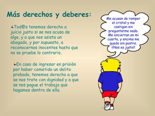 Tod@s tenemos derecho a juicio justo si se nos acusa de algo, y a que nos asista un abogado, y por supuesto, a reconocernos inocentes hasta que no se pruebe lo contrario. Más derechos y deberes: En caso de ingresar en prisión por haber cometido un delito probado, tenemos derecho a que se nos trate con dignidad y a que se nos pague el trabajo que hagamos dentro de ella. Me acusan de romper el cristal y me castigan sin preguntarme nada. Me encierran en mi cuarto, y encima me quedo sin postre. ¡¡Nos es justo!! 