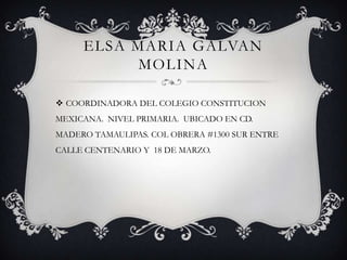 ELSA MARIA GALVAN MOLINA COORDINADORA DEL COLEGIO CONSTITUCION MEXICANA.  NIVEL PRIMARIA.  UBICADO EN CD. MADERO TAMAULIPAS. COL OBRERA #1300 SUR ENTRE CALLE CENTENARIO Y  18 DE MARZO.                                                                                     