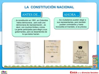 LA CONSTITUCIÓN NACIONAL

        ANTES DE…
        ANTES DE…                                 AHORA …
                                                  AHORA …
…la constitución en 1991, en Colombia     … los ciudadanos pueden elegir a
  había democracia, pero solo una          sus representantes, pero también
 democracia de representación , es            pueden controlarlos y hasta
 decir, con muchos limites y vicios.     revocarles el mandato, si es preciso.
La gente participaba para elegir a sus
gobernantes, pero se desentendía de
         lo que éstos hacían.
 