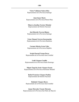 -100-
_________________________________________________________________________

                        Víctor Valdemar Suárez Díaz
                     Representante de la Provincia Santiago


                             Juan Suazo Marte
                   Representante de la Provincia Monte Plata


                      Minerva Josefina Tavárez Mirabal
                      Representante del Distrito Nacional


                        José Ricardo Taveras Blanco
                     Representante de la Provincia Santiago


                    Víctor Manuel Terrero Encarnación
                    Representante de la Provincia Barahona


                        Carmen Mirelys Uceta Vélez
                     Representante de la Provincia Dajabón


                         Sergio Pascual Vargas Parra
                   Representante de la Provincia San Cristóbal


                            Lethi Vásquez Castillo
                  Representante de la Provincia Santo Domingo


                   Miguel Ángel de Jesús Vásquez Escoto
                Representante de la Provincia Hermanas Mirabal


                      Rafael Francisco Vásquez Paulino
                      Representante del Distrito Nacional


                           Radamés Vásquez Reyes
                   Representante de la Provincia San Cristóbal


                      Juana Mercedes Vicente Moronta
               Representante de la Provincia San Pedro de Macorís
 