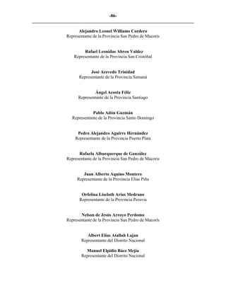 -86-
_________________________________________________________________________

                     Alejandro Leonel Williams Cordero
               Representante de la Provincia San Pedro de Macorís


                        Rafael Leonidas Abreu Valdez
                   Representante de la Provincia San Cristóbal


                           José Acevedo Trinidad
                     Representante de la Provincia Samaná


                              Ángel Acosta Féliz
                     Representante de la Provincia Santiago


                             Pablo Adón Guzmán
                  Representante de la Provincia Santo Domingo


                    Pedro Alejandro Aguirre Hernández
                   Representante de la Provincia Puerto Plata


                     Rafaela Alburquerque de González
               Representante de la Provincia San Pedro de Macorís


                       Juan Alberto Aquino Montero
                    Representante de la Provincia Elías Piña


                      Orfelina Liseloth Arias Medrano
                     Representante de la Provincia Peravia


                      Nelson de Jesús Arroyo Perdomo
               Representante de la Provincia San Pedro de Macorís


                          Albert Elías Atallah Lajan
                       Representante del Distrito Nacional

                         Manuel Elpidio Báez Mejía
                       Representante del Distrito Nacional
 