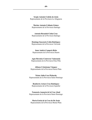 -89-
_________________________________________________________________________



                      Sergio Antonio Cedeño de Jesús
                  Representante de la Provincia La Altagracia


                      Marino Antonio Collante Gómez
                     Representante de la Provincia Santiago


                        Antonio Bernabel Colón Cruz
                     Representante de la Provincia Santiago


                     Domingo Inocencio Colón Rodríguez
                     Representante de la Provincia Valverde


                         Juan Andrés Comprés Brito
                      Representante de la Provincia Duarte


                    Agne Berenice Contreras Valenzuela
                    Representante de la Provincia Elías Piña


                        Alfonso Crisóstomo Vásquez
                   Representante de la Provincia Puerto Plata


                         Néstor Julio Cruz Pichardo
                  Representante de la Provincia Santo Domingo


                      Remberto Arturo Cruz Rodríguez
                     Representante de la Provincia Espaillat


                     Nemencia Amancia de la Cruz Abad
                  Representante de la Provincia Santo Domingo


                    María Estela de la Cruz de De Jesús
                   Representante de la Provincia Monte Plata
 