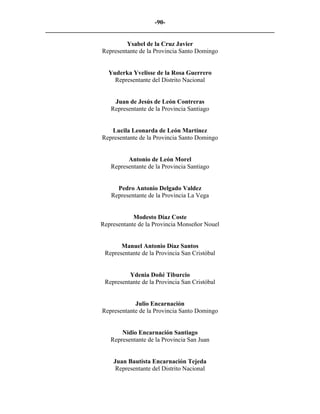 -90-
_________________________________________________________________________

                           Ysabel de la Cruz Javier
                  Representante de la Provincia Santo Domingo


                    Yuderka Yvelisse de la Rosa Guerrero
                      Representante del Distrito Nacional


                      Juan de Jesús de León Contreras
                     Representante de la Provincia Santiago


                     Lucila Leonarda de León Martínez
                  Representante de la Provincia Santo Domingo


                           Antonio de León Morel
                     Representante de la Provincia Santiago


                       Pedro Antonio Delgado Valdez
                     Representante de la Provincia La Vega


                             Modesto Díaz Coste
                 Representante de la Provincia Monseñor Nouel


                         Manuel Antonio Díaz Santos
                   Representante de la Provincia San Cristóbal


                            Ydenia Doñé Tiburcio
                   Representante de la Provincia San Cristóbal


                              Julio Encarnación
                  Representante de la Provincia Santo Domingo


                         Nidio Encarnación Santiago
                     Representante de la Provincia San Juan


                      Juan Bautista Encarnación Tejeda
                       Representante del Distrito Nacional
 