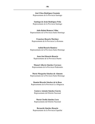 -98-
_________________________________________________________________________

                       José Ulises Rodríguez Guzmán
                     Representante de la Provincia Santiago


                      Santiago de Jesús Rodríguez Peña
                     Representante de la Provincia Santiago


                         Julio Rafael Romero Villar
                  Representante de la Provincia Santo Domingo


                        Francisco Rosario Martínez
                   Representante de la Provincia La Romana


                           Aníbal Rosario Ramírez
                  Representante de la Provincia Santo Domingo


                         Juan José Rosario Rosario
                      Representante de la Provincia Duarte


                     Manuel Alberto Sánchez Carrasco
                    Representante de la Provincia Pedernales


                    María Margarita Sánchez de Almonte
                  Representante de la Provincia Santo Domingo


                    Ramón Ricardo Sánchez de la Rosa
                  Representante de la Provincia La Altagracia


                      Gustavo Antonio Sánchez García
                      Representante del Distrito Nacional


                        María Cleofia Sánchez Lora
                      Representante del Distrito Nacional


                         Bernardo Sánchez Rosario
                     Representante de la Provincia Espaillat
 