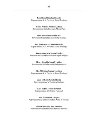 -99-
_________________________________________________________________________



                         Luis Rafael Sánchez Rosario
                  Representante de la Provincia Santo Domingo


                      Rafael Antonio Santana Albuez
                   Representante de la Provincia Monte Plata


                        Pablo Inocencio Santana Díaz
                  Representante de la Provincia Independencia


                      José Francisco A A Santana Suriel
                  Representante de la Provincia Santo Domingo


                       Nancy Altagracia Santos Peralta
                Representante de la Provincia Santiago Rodríguez


                       Henry Osvaldo Sarraff Urbáez
                  Representante de la Provincia Independencia


                       Elso Milcíades Segura Martínez
                  Representante de la Provincia Santo Domingo


                        Juan Gilberto Serulle Ramia
                     Representante de la Provincia Santiago


                        Elías Rafael Serulle Tavárez
                      Representante del Distrito Nacional


                          José María Sosa Vásquez
               Representante de la Provincia San Pedro de Macorís


                        Gladis Mercedes Soto Iturrino
                 Representante de la Provincia Sánchez Ramírez
 
