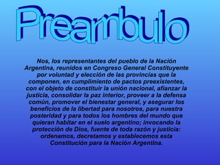 Preambulo Nos, los representantes del pueblo de la Nación Argentina, reunidos en Congreso General Constituyente por voluntad y elección de las provincias que la componen, en cumplimiento de pactos preexistentes, con el objeto de constituir la unión nacional, afianzar la justicia, consolidar la paz interior, proveer a la defensa común, promover el bienestar general, y asegurar los beneficios de la libertad para nosotros, para nuestra posteridad y para todos los hombres del mundo que quieran habitar en el suelo argentino; invocando la protección de Dios, fuente de toda razón y justicia: ordenamos, decretamos y establecemos esta Constitución para la Nación Argentina. 