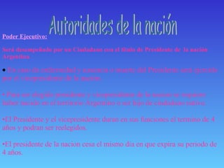Autoridades de la nación Poder Ejecutivo: Será desempeñado por un Ciudadano con el titulo de Presidente de  la nación Argentina .      En caso de enfermedad y ausencia o muerte del Presidente será ejercido por el vicepresidente de la nación. Para ser elegido presidente y vicepresidente de la nacion se requiere haber nacido en el territorio Argentino o ser hijo de ciudadano nativo. El Presidente y el vicepresidente duran en sus funciones el termino de 4 años y podran ser reelegidos. El presidente de la nacion cesa el mismo dia en que expira su periodo de 4 años. 