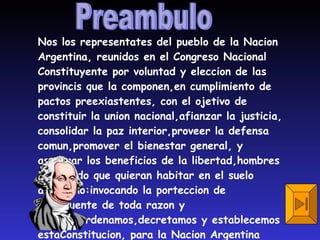 Preambulo Nos los representates del pueblo de la Nacion Argentina, reunidos en el Congreso Nacional Constituyente por voluntad y eleccion de las provincis que la componen,en cumplimiento de pactos preexiastentes, con el ojetivo de constituir la union nacional,afianzar la justicia, consolidar la paz interior,proveer la defensa comun,promover el bienestar general, y asegurar los beneficios de la libertad,hombres del mundo que quieran habitar en el suelo argentino:invocando la porteccion de Dios,fuente de toda razon y justicia:ordenamos,decretamos y establecemos estaConstitucion, para la Nacion Argentina 