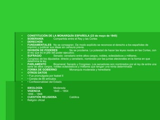 CONSTITUCIÓN DE LA MONARQUÍA ESPAÑOLA (23 de mayo de 1845)  SOBERANÍA  Compartida entre el Rey y las Cortes  DERECHOS  FUNDAMENTALES  No se consagran. De modo explícito se reconoce el derecho a los españoles de imprimir y publicar sus ideas sin censura previa.  DIVISIÓN DE PODERES  No se proclama. La potestad de hacer las leyes reside en las Cortes, con el rey que es el jefe del poder ejecutivo.  SUFRAGIO  Senado: censitario entre altos cargos, nobles, eclesiásticos y militares.  Congreso de los diputados: directo y censitario, nombrado por las juntas electorales en la forma en que determina la ley.  PARLAMENTO  Bicameral: Senado y Congreso. Los senadores son nombrados por el rey de entre una serie de altos cargos, nobles eclesiásticos y militares que tengan una renta determinada  FORMA DE GOBIERNO  Monarquía moderada y hereditaria  OTROS DATOS  •  Fue promulgada por Isabel II  •  Consta de 80 artículos  •  Confesionalidad del Estado  IDEOLOGÍA  Moderada  VIGENCIA  1845 – 1854  1856 – 1868  CUESTIÓN RELIGIOSA  Católica  Religión oficial  