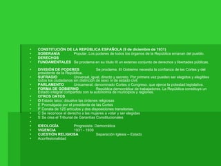 CONSTITUCIÓN DE LA REPÚBLICA ESPAÑOLA (9 de diciembre de 1931)  SOBERANÍA  Popular. Los poderes de todos los órganos de la República emanan del pueblo.  DERECHOS  FUNDAMENTALES  Se proclama en su título III un extenso conjunto de derechos y libertades públicas.  DIVISIÓN DE PODERES  Se proclama. El Gobierno necesita la confianza de las Cortes y del presidente de la República.  SUFRAGIO  Universal, igual, directo y secreto. Por primera vez pueden ser elegidos y elegibles todos los ciudadanos sin distinción de sexo ni de estado civil.  PARLAMENTO  Unicameral, denominado Cortes o Congreso, que ejerce la potestad legislativa.  FORMA DE GOBIERNO  República democrática de trabajadores. La República constituye un Estado integral compartido con la autonomía de municipios y regiones.  OTROS DATOS  􀂾  Estado laico: disuelve las órdenes religiosas  􀂾  Promulgada por el presidente de las Cortes  􀂾  Consta de 125 artículos y dos disposiciones transitorias.  􀂾  Se reconoce el derecho a las mujeres a votar y ser elegidas  􀂾  Se crea el Tribunal de Garantías Constitucionales  IDEOLOGÍA  Progresista. Democrática  VIGENCIA  1931 - 1939  CUESTIÓN RELIGIOSA  Separación Iglesia – Estado  Aconfesionalidad  