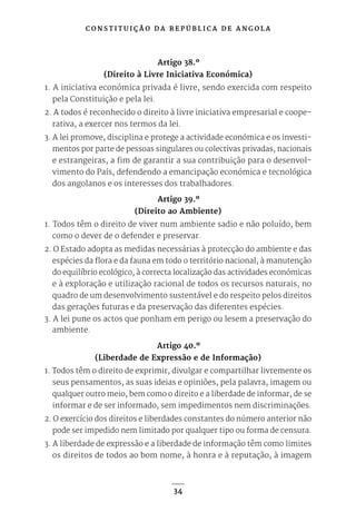 C O N S T I T U I Ç Ã O D A R E P Ú B L I C A D E A N G O L A
34
Artigo 38.º
(Direito à Livre Iniciativa Económica)
1. A iniciativa económica privada é livre, sendo exercida com respeito
pela Constituição e pela lei.
2. A todos é reconhecido o direito à livre iniciativa empresarial e coope-
rativa, a exercer nos termos da lei.
3. A lei promove, disciplina e protege a actividade económica e os investi-
mentos por parte de pessoas singulares ou colectivas privadas, nacionais
e estrangeiras, a fim de garantir a sua contribuição para o desenvol-
vimento do País, defendendo a emancipação económica e tecnológica
dos angolanos e os interesses dos trabalhadores.
Artigo 39.º
(Direito ao Ambiente)
1. Todos têm o direito de viver num ambiente sadio e não poluído, bem
como o dever de o defender e preservar.
2. O Estado adopta as medidas necessárias à protecção do ambiente e das
espécies da flora e da fauna em todo o território nacional, à manutenção
do equilíbrio ecológico, à correcta localização das actividades económicas
e à exploração e utilização racional de todos os recursos naturais, no
quadro de um desenvolvimento sustentável e do respeito pelos direitos
das gerações futuras e da preservação das diferentes espécies.
3. A lei pune os actos que ponham em perigo ou lesem a preservação do
ambiente.
Artigo 40.º
(Liberdade de Expressão e de Informação)
1. Todos têm o direito de exprimir, divulgar e compartilhar livremente os
seus pensamentos, as suas ideias e opiniões, pela palavra, imagem ou
qualquer outro meio, bem como o direito e a liberdade de informar, de se
informar e de ser informado, sem impedimentos nem discriminações.
2. O exercício dos direitos e liberdades constantes do número anterior não
pode ser impedido nem limitado por qualquer tipo ou forma de censura.
3. A liberdade de expressão e a liberdade de informação têm como limites
os direitos de todos ao bom nome, à honra e à reputação, à imagem
 
