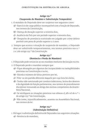 C O N S T I T U I Ç Ã O D A R E P Ú B L I C A D E A N G O L A
81
Artigo 151.º
(Suspensão do Mandato e Substituição Temporária)
1. O mandato do Deputado deve ser suspenso nos seguintes casos:
a)- Exercício de cargo público incompatível com a função de Deputado,
nos termos da Constituição;
b)- Doença de duração superior a noventa dias;
c)- Ausência do País por um período superior a noventa dias;
d)- Despacho de pronúncia transitado em julgado por crime doloso
punível com pena de prisão superior a 2 anos.
2. Sempre que ocorra a situação de suspensão de mandato, o Deputado
deve ser substituído temporariamente, nos termos previstos nos n.os
2 e 3 do artigo 153.º da Constituição.
Artigo 152.º
(Renúncia e Perda do Mandato)
1. O Deputado pode renunciar ao seu mandato mediante declaração escrita.
2. O Deputado perde o mandato sempre que:
a)- Fique abrangido por algumas das incapacidades ou inelegibilidades
previstas na Constituição e na lei;
b)- Exceda o número de faltas previsto por lei;
c)- Filie-se em partido diferente daquele por cuja lista foi eleito;
d)- Tenha sido sancionado por conduta indecorosa, lesiva dos deveres
e da dignidade da função parlamentar, nos termos de procedimento
disciplinar instaurado ao abrigo das normas competentes da Assem-
bleia Nacional;
e)- Se verifiquem as situações previstas nas alíneas c), d) e e) do n.º 1
do artigo 153.º da Constituição;
f)- Não tome, injustificadamente, assento na Assembleia Nacional,
nos termos da lei.
Artigo 153.º
(Substituição Definitiva)
1. Há lugar à substituição definitiva de Deputados nas seguintes situações:
a)- Renúncia do mandato;
 