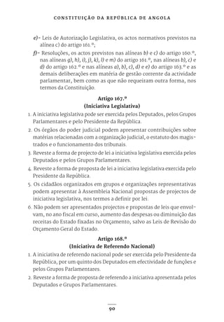 C O N S T I T U I Ç Ã O D A R E P Ú B L I C A D E A N G O L A
90
e)- Leis de Autorização Legislativa, os actos normativos previstos na
alínea c) do artigo 161.º;
f)- Resoluções, os actos previstos nas alíneas b) e c) do artigo 160.º,
nas alíneas g), h), i), j), k), l) e m) do artigo 161.º, nas alíneas b), c) e
d) do artigo 162.º e nas alíneas a), b), c), d) e e) do artigo 163.º e as
demais deliberações em matéria de gestão corrente da actividade
parlamentar, bem como as que não requeiram outra forma, nos
termos da Constituição.
Artigo 167.º
(Iniciativa Legislativa)
1. A iniciativa legislativa pode ser exercida pelos Deputados, pelos Grupos
Parlamentares e pelo Presidente da República.
2. Os órgãos do poder judicial podem apresentar contribuições sobre
matérias relacionadas com a organização judicial, o estatuto dos magis-
trados e o funcionamento dos tribunais.
3. Reveste a forma de projecto de lei a iniciativa legislativa exercida pelos
Deputados e pelos Grupos Parlamentares.
4. Reveste a forma de proposta de lei a iniciativa legislativa exercida pelo
Presidente da República.
5. Os cidadãos organizados em grupos e organizações representativas
podem apresentar à Assembleia Nacional propostas de projectos de
iniciativa legislativa, nos termos a definir por lei.
6. Não podem ser apresentados projectos e propostas de leis que envol-
vam, no ano fiscal em curso, aumento das despesas ou diminuição das
receitas do Estado fixadas no Orçamento, salvo as Leis de Revisão do
Orçamento Geral do Estado.
Artigo 168.º
(Iniciativa de Referendo Nacional)
1. A iniciativa de referendo nacional pode ser exercida pelo Presidente da
República, por um quinto dos Deputados em efectividade de funções e
pelos Grupos Parlamentares.
2. Reveste a forma de proposta de referendo a iniciativa apresentada pelos
Deputados e Grupos Parlamentares.
 
