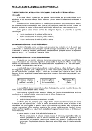 APLICABILIDADE DAS NORMAS CONSTITUCIONAIS
CLASSIFICAÇÃO DAS NORMAS CONSTITUCIONAIS QUANTO À EFICÁCIA JURÍDICA
Introdução
A doutrina clássica classificava as normas constitucionais em auto-executáveis (auto-
aplicáveis) e não auto-executáveis. Assim, algumas normas seriam imediatamente aplicáveis e
outras não.
O Professor José Afonso da Silva, ao contrário do que entendia a doutrina clássica, afirmou
que todas as normas constitucionais, sem exceção, são revestidas de eficácia jurídica, ou seja, de
aptidão à produção de efeitos jurídicos, sendo assim todas aplicáveis, em maior ou menor grau.
Para graduar essa eficácia dentro de categorias lógicas, foi proposta a seguinte
classificação:
norma constitucional de eficácia jurídica plena;
norma constitucional de eficácia jurídica limitada;
norma constitucional de eficácia jurídica contida.
Norma Constitucional de Eficácia Jurídica Plena
Também chamada norma completa, auto-executável ou bastante em si, é aquela que
contém todos os elementos necessários para a pronta e integral aplicabilidade dos efeitos que dela
se esperam. A norma é completa, não havendo necessidade de qualquer atuação do legislador
(exemplo: artigo 1.º da Constituição Federal de 1988).
Norma Constitucional de Eficácia Jurídica Limitada
É aquela que não contém todos os elementos necessários à sua integral aplicabilidade,
porque ela depende da interpositio legislatoris (interposição do legislador). Muitas vezes essas
normas são previstas na Constituição com expressões como “nos termos da lei”, “na forma da lei”,
“a lei disporá”, “conforme definido em lei” etc.
A efetividade da norma constitucional está na dependência da edição de lei que a integre
(lei integradora). Somente após a edição da lei, a norma constitucional produzirá todos os efeitos
que se esperam dela (exemplo: artigo 7.º, inciso XI, da Constituição Federal de 1988, que só
passou a produzir a plenitude de seus efeitos a partir do momento em que foi integrada pela Lei n.
10.101/00).
A aplicabilidade da norma constitucional de eficácia jurídica plena é imediata. No caso da
norma limitada, a aplicabilidade total é mediata.
O constituinte, prevendo que o legislador poderia não criar lei para regulamentar a norma
constitucional de eficácia limitada, criou mecanismos de defesa dessa norma:
mandado de injunção;
ação direta de inconstitucionalidade por omissão.
Conforme já foi dito, somente após a edição da lei, a norma constitucional produzirá todos
os efeitos que se esperam dela. Assim, a norma de eficácia limitada, antes da edição da lei
integradora, não produz todos os efeitos, mas já produz efeitos importantes. Além de revogar as
normas incompatíveis (efeito negativo, paralisante das normas contrárias antes vigentes), produz
também o efeito impeditivo, ou seja, impede a edição de leis posteriores contrárias às diretrizes por
ela estabelecidas.
A norma constitucional de eficácia limitada divide-se em:
Norma constitucional de eficácia jurídica limitada de princípio programático: todas as
normas programáticas são de eficácia limitada. São normas de organização que
estabelecem um programa constitucional definido pelo legislador. Essas normas são
comuns em Constituições dirigentes. Exemplos: artigo 196 e artigo 215 da Constituição
Federal.
Norma de Eficácia
Jurídica Limitada
Interposição do
legislador (Lei)
Plenitude dos
efeitos+ =
 