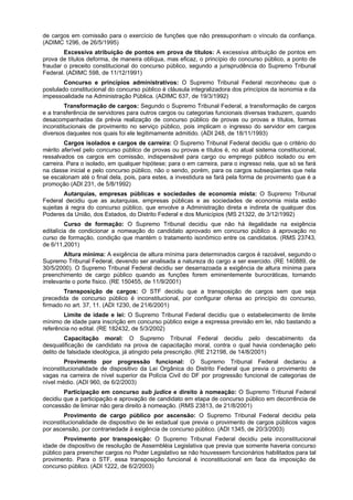 de cargos em comissão para o exercício de funções que não pressuponham o vínculo da confiança.
(ADIMC 1296, de 26/5/1995)
Excessiva atribuição de pontos em prova de títulos: A excessiva atribuição de pontos em
prova de títulos deforma, de maneira oblíqua, mas eficaz, o princípio do concurso público, a ponto de
fraudar o preceito constitucional do concurso público, segundo a jurisprudência do Supremo Tribunal
Federal. (ADIMC 598, de 11/12/1991)
Concurso e princípios administrativos: O Supremo Tribunal Federal reconheceu que o
postulado constitucional do concurso público é cláusula integralizadora dos princípios da isonomia e da
impessoalidade na Administração Pública. (ADIMC 637, de 19/3/1992)
Transformação de cargos: Segundo o Supremo Tribunal Federal, a transformação de cargos
e a transferência de servidores para outros cargos ou categorias funcionais diversas traduzem, quando
desacompanhadas da prévia realização de concurso público de provas ou provas e títulos, formas
inconstitucionais de provimento no serviço público, pois implicam o ingresso do servidor em cargos
diversos daqueles nos quais foi ele legitimamente admitido. (ADI 248, de 18/11/1993)
Cargos isolados e cargos de carreira: O Supremo Tribunal Federal decidiu que o critério do
mérito aferível pelo concurso público de provas ou provas e títulos é, no atual sistema constitucional,
ressalvados os cargos em comissão, indispensável para cargo ou emprego público isolado ou em
carreira. Para o isolado, em qualquer hipótese; para o em carreira, para o ingresso nela, que só se fará
na classe inicial e pelo concurso público, não o sendo, porém, para os cargos subseqüentes que nela
se escalonam até o final dela, pois, para estes, a investidura se fará pela forma de provimento que é a
promoção (ADI 231, de 5/8/1992)
Autarquias, empresas públicas e sociedades de economia mista: O Supremo Tribunal
Federal decidiu que as autarquias, empresas públicas e as sociedades de economia mista estão
sujeitas à regra do concurso público, que envolve a Administração direta e indireta de qualquer dos
Poderes da União, dos Estados, do Distrito Federal e dos Municípios (MS 21322, de 3/12/1992)
Curso de formação: O Supremo Tribunal decidiu que não há ilegalidade na exigência
editalícia de condicionar a nomeação do candidato aprovado em concurso público à aprovação no
curso de formação, condição que mantém o tratamento isonômico entre os candidatos. (RMS 23743,
de 6/11,2001)
Altura mínima: A exigência de altura mínima para determinados cargos é razoável, segundo o
Supremo Tribunal Federal, devendo ser analisada a natureza do cargo a ser exercido. (RE 140889, de
30/5/2000). O Supremo Tribunal Federal decidiu ser desarrazoada a exigência de altura mínima para
preenchimento de cargo público quando as funções forem eminentemente burocráticas, tornando
irrelevante o porte físico. (RE 150455, de 11/9/2001)
Transposição de cargos: O STF decidiu que a transposição de cargos sem que seja
precedida de concurso público é inconstitucional, por configurar ofensa ao princípio do concurso,
firmado no art. 37, 11. (ADI 1230, de 21/6/2001)
Limite de idade e lei: O Supremo Tribunal Federal decidiu que o estabelecimento de limite
mínimo de idade para inscrição em concurso público exige a expressa previsão em lei, não bastando a
referência no edital. (RE 182432, de 5/3/2002)
Capacitação moral: O Supremo Tribunal Federal decidiu pelo descabimento da
desqualificação de candidato na prova de capacitação moral, contra o qual havia condenação pelo
delito de falsidade ideológica, já atingido pela prescrição. (RE 212198, de 14/8/2001)
Provimento por progressão funcional: O Supremo Tribunal Federal declarou a
inconstitucionalidade de dispositivo da Lei Orgânica do Distrito Federal que previa o provimento de
vagas na carreira de nível superior da Polícia Civil do DF por progressão funcional de categorias de
nível médio. (ADI 960, de 6/2/2003)
Participação em concurso sub judice e direito à nomeação: O Supremo Tribunal Federal
decidiu que a participação e aprovação de candidato em etapa de concurso público em decorrência de
concessão de liminar não gera direito à nomeação. (RMS 23813, de 21/8/2001)
Provimento de cargo público por ascensão: O Supremo Tribunal Federal decidiu pela
inconstitucionalidade de dispositivo de lei estadual que previa o provimento de cargos públicos vagos
por ascensão, por contrariedade à exigência de concurso público. (ADI 1345, de 20/3/2003)
Provimento por transposição: O Supremo Tribunal Federal decidiu pela inconstitucional
idade de dispositivo de resolução de Assembléia Legislativa que previa que somente haveria concurso
público para preencher cargos no Poder Legislativo se não houvessem funcionários habilitados para tal
provimento. Para o STF, essa transposição funcional é inconstitucional em face da imposição de
concurso público. (ADI 1222, de 6/2/2003)
 
