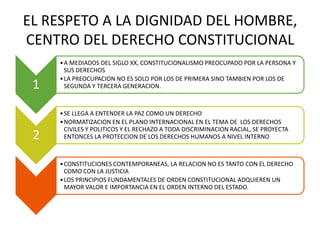 EL RESPETO A LA DIGNIDAD DEL HOMBRE,
CENTRO DEL DERECHO CONSTITUCIONAL
1
•A MEDIADOS DEL SIGLO XX, CONSTITUCIONALISMO PREOCUPADO POR LA PERSONA Y
SUS DERECHOS
•LA PREOCUPACION NO ES SOLO POR LOS DE PRIMERA SINO TAMBIEN POR LOS DE
SEGUNDA Y TERCERA GENERACION.
2
•SE LLEGA A ENTENDER LA PAZ COMO UN DERECHO
•NORMATIZACION EN EL PLANO INTERNACIONAL EN EL TEMA DE LOS DERECHOS
CIVILES Y POLITICOS Y EL RECHAZO A TODA DISCRIMINACION RACIAL, SE PROYECTA
ENTONCES LA PROTECCION DE LOS DERECHOS HUMANOS A NIVEL INTERNO
•CONSTITUCIONES CONTEMPORANEAS, LA RELACION NO ES TANTO CON EL DERECHO
COMO CON LA JUSTICIA
•LOS PRINCIPIOS FUNDAMENTALES DE ORDEN CONSTITUCIONAL ADQUIEREN UN
MAYOR VALOR E IMPORTANCIA EN EL ORDEN INTERNO DEL ESTADO.
 
