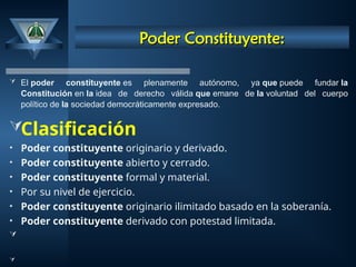Poder Constituyente:
Poder Constituyente:
 El poder constituyente es plenamente autónomo, ya que puede fundar la
Constitución en la idea de derecho válida que emane de la voluntad del cuerpo
político de la sociedad democráticamente expresado.
Clasificación
• Poder constituyente originario y derivado.
• Poder constituyente abierto y cerrado.
• Poder constituyente formal y material.
• Por su nivel de ejercicio.
• Poder constituyente originario ilimitado basado en la soberanía.
• Poder constituyente derivado con potestad limitada.


 