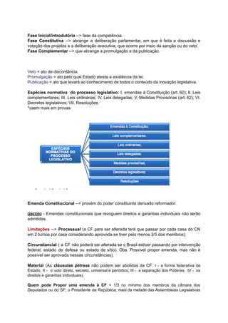 Fase	Inicial/introdutória		-->	fase	da	competência.	
Fase Constitutiva --> abrange a deliberação parlamentar, em que é feita a discussão e	 	 	 	 	 	 	 	 	 	 	 	 	 	
votação	dos	projetos	e	a	deliberação	executiva,	que	ocorre	por	meio	da	sanção	ou	do	veto.	
Fase	Complementar		-->	que	abrange	a	promulgação	e	da	publicação.	
		
		
		
Veto		=	ato	de	discordância.	
Promulgação		=	ato	pelo	qual	Estado	atesta	a	existência	da	lei.	
Publicação		=	ato	que	levará	ao	conhecimento	de	todos	o	conteúdo	da	inovação	legislativa.	
		
Espécies normativa do processo legislativo: I. emendas à Constituição (art. 60); II. Leis	 	 	 	 	 	 	 	 	 	 	 	 	
complementares; III. Leis ordinárias; IV. Leis delegadas; V. Medidas Provisórias (art. 62); VI.	 	 	 	 	 	 	 	 	 	 	 	 	
Decretos	legislativos;	VII.	Resoluções.	
*caem	mais	em	provas.	
		
	
	
	
		
Emenda	Constitucional		-->	provém	do	poder	constituinte	derivado	reformador.	
		
Q963202 - Emendas constitucionais que revoguem direitos e garantias individuais não serão	 	 	 	 	 	 	 	 	 	 	 	
admitidas.	
		
Limitações --> Processual (a CF para ser alterada terá que passar por cada casa do CN	 	 	 	 	 	 	 	 	 	 	 	 	 	 	 	
em	2	turnos	por	casa	considerando	aprovada	se	tiver	pelo	menos	3/5	dos	membros).	
		
Circunstancial ( a CF não poderá ser alterada se o Brasil estiver passando por intervenção	 	 	 	 	 	 	 	 	 	 	 	 	 	 	
federal; estado de defesa ou estado de sítio). Obs. Possível propor emenda, mas não é	 	 	 	 	 	 	 	 	 	 	 	 	 	 	
possível	ser	aprovada	nessas	circunstâncias).	
		
Material (As cláusulas pétreas não podem ser abolidas da CF: I - a forma federativa de	 	 	 	 	 	 	 	 	 	 	 	 	 	 	 	
Estado; II - o voto direto, secreto, universal e periódico; III - a separação dos Poderes; IV - os	 	 	 	 	 	 	 	 	 	 	 	 	 	 	 	 	 	 	
direitos	e	garantias	individuais).	
		
Quem pode Propor uma emenda à CF = 1/3 no mínimo dos membros da câmara dos	 	 	 	 	 	 	 	 	 	 	 	 	 	 	 	
Deputados ou do SF; o Presidente da República; mais da metade das Assembleias Legislativas	 	 	 	 	 	 	 	 	 	 	 	 	 	
 