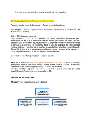 III	-		planos	plurianuais,	diretrizes	orçamentárias	e	orçamentos.	
		
		
		
Da	Fiscalização	Contábil,	Financeira	e	Orçamentária	
		
Segunda	função	típica	do	Legislativo	=	fiscalizar	(controle	externo).	
		
Fiscalização Contábil; orçamentária; financeira; operacional e patrimonial da	 	 	 	 	 	 	 	
Administração	Pública.	
		
CN	-->	TCU	(controle	externo)	
Competência do TCU: 1. I - apreciar as contas prestadas anualmente pelo	 	 	 	 	 	 	 	 	 	 	 	
Presidente da República, mediante parecer prévio que deverá ser elaborado em	 	 	 	 	 	 	 	 	 	 	
sessenta dias a contar de seu recebimento; 2. julgar as contas dos administradores	 	 	 	 	 	 	 	 	 	 	 	 	
e demais responsáveis por dinheiros, bens e valores públicos da administração	 	 	 	 	 	 	 	 	 	 	
direta e indireta, incluídas as fundações e sociedades instituídas e mantidas pelo	 	 	 	 	 	 	 	 	 	 	 	
Poder Público federal, e as contas daqueles que derem causa a perda, extravio ou	 	 	 	 	 	 	 	 	 	 	 	 	 	
outra	irregularidade	de	que	resulte	prejuízo	ao	erário	público.	
		
Controle	Interno		=	feito	por	todos	os	Poderes	da	União.	
		
		
TCU --> 9 ministros; requisitos para ser ministro do TCU	: + 35 e - 65 anos;	 	 	 	 	 	 	 	 	 	 	 	 	 	 	 	
idoneidade moral e reputação ilibada; notório saber jurídico, contábil, econômico,	 	 	 	 	 	 	 	 	 	
financeiro	ou	de	administração	pública;	+	10	anos	de	atividade.	
2/3 dos ministros (6) serão escolhidos pelo CN. 1/3 dos ministros (3) serão	 	 	 	 	 	 	 	 	 	 	 	 	
escolhidos	pelo	Presidente	com	aprovação	do	SF.	
		
		
Imunidades	Parlamentares:	
		
Material	=		real	ou	substantiva,	art.	53	caput;		
		
	
	
		
	
	
 