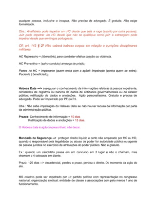 qualquer pessoa, inclusive o incapaz. Não precisa de advogado. É gratuita. Não exige	 	 	 	 	 	 	 	 	 	 	 	 	
formalidade.	
		
Obs.: Analfabeto pode impetrar um HC desde que seja a rogo (escrito por outra pessoa),	 	 	 	 	 	 	 	 	 	 	 	 	 	 	
Juiz pode impetrar um HC desde que não se qualifique como juiz; e estrangeiro pode	 	 	 	 	 	 	 	 	 	 	 	 	 	 	
impetrar	desde	que	em	língua	portuguesa.	
		
CF, art. 142 § 2º Não caberá habeas corpus em relação a punições disciplinares	 	 	 	 	 	 	 	 	 	 	 	 	 	
militares.	
		
HC	Repressivo	=	(liberatório)	para	combater	efetiva	coação	ou	violência.	
		
HC	Preventivo	=	(salvo-conduto)	ameaça	de	prisão.	
		
Partes no HC = impetrante (quem entra com a ação); Impetrado (contra quem se entra);	 	 	 	 	 	 	 	 	 	 	 	 	 	 	
Paciente	(	beneficiado).	
		
		
		
Habeas Data ---> assegurar o conhecimento de informações relativas à pessoa impetrante,	 	 	 	 	 	 	 	 	 	 	 	
constantes de registros ou bancos de dados de entidades governamentais ou de caráter	 	 	 	 	 	 	 	 	 	 	 	 	
público; retificação de dados e anotações. Ação personalíssima. Gratuito e precisa de	 	 	 	 	 	 	 	 	 	 	 	
advogado.	Pode	ser	impetrado	por	PF	ou	PJ.	
		
Obs.: Não cabe impetração do Habeas Data se não houver recusa da informação por parte	 	 	 	 	 	 	 	 	 	 	 	 	 	 	
da	administração	pública.	
		
Prazos	:	Conhecimento	de	informação	=		10	dias	
	 Retificação	de	dados	e	anotações	=		15	dias.	
		
O	Habeas	data	é	ação	imprescritível,	não	decai.	
		
		
Mandado de Segurança --> proteger direito líquido e certo não amparado por HC ou HD,	 	 	 	 	 	 	 	 	 	 	 	 	 	 	
quando o responsável pela ilegalidade ou abuso de poder for autoridade pública ou agente	 	 	 	 	 	 	 	 	 	 	 	 	 	
de	pessoa	jurídica	no	exercício	de	atribuições	do	poder	público.	Não	é	gratuito.	
		
Ex.: quando um candidato passa em um concurso em 3 lugar e não o chamam, mas	 	 	 	 	 	 	 	 	 	 	 	 	 	 	 	
chamam	o	4	colocado	em	diante.	
		
Prazo: 120 dias --> decadencial, perdeu o prazo, perdeu o direito. Do momento da ação do	 	 	 	 	 	 	 	 	 	 	 	 	 	 	 	
ato.	
		
		
MS coletivo pode ser impetrado por --> partido político com representação no congresso	 	 	 	 	 	 	 	 	 	 	 	 	
nacional; organização sindical; entidade de classe e associações com pelo menos 1 ano de	 	 	 	 	 	 	 	 	 	 	 	 	 	
funcionamento.	
		
		
		
 