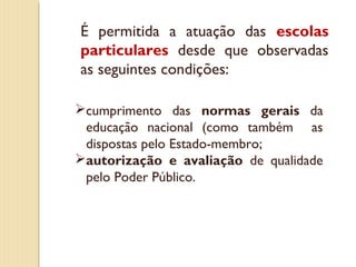 É permitida a atuação das escolas
particulares desde que observadas
as seguintes condições:

cumprimento das normas gerais da
 educação nacional (como também as
 dispostas pelo Estado-membro;
autorização e avaliação de qualidade
 pelo Poder Público.
 