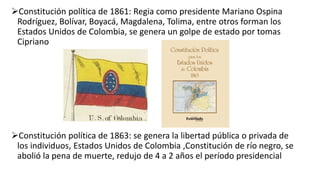 Constitución política de 1861: Regia como presidente Mariano Ospina
Rodríguez, Bolívar, Boyacá, Magdalena, Tolima, entre otros forman los
Estados Unidos de Colombia, se genera un golpe de estado por tomas
Cipriano
Constitución política de 1863: se genera la libertad pública o privada de
los individuos, Estados Unidos de Colombia ,Constitución de río negro, se
abolió la pena de muerte, redujo de 4 a 2 años el período presidencial
 