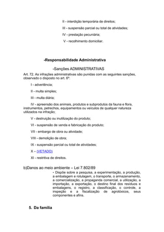 II - interdição temporária de direitos;
                              III - suspensão parcial ou total de atividades;
                              IV - prestação pecuniária;
                               V - recolhimento domiciliar.




               -Responsabilidade Administrativa

                        -Sanções ADMINISTRATIVAS
Art. 72. As infrações administrativas são punidas com as seguintes sanções,
observado o disposto no art. 6º:
     I - advertência;
     II - multa simples;
     III - multa diária;
      IV - apreensão dos animais, produtos e subprodutos da fauna e flora,
instrumentos, petrechos, equipamentos ou veículos de qualquer natureza
utilizados na infração;
     V - destruição ou inutilização do produto;
     VI - suspensão de venda e fabricação do produto;
     VII - embargo de obra ou atividade;
     VIII - demolição de obra;
     IX - suspensão parcial ou total de atividades;
     X – (VETADO)
     XI - restritiva de direitos.


b)Danos ao meio ambiente – Lei 7.802/89
               - Dispõe sobre a pesquisa, a experimentação, a produção,
                        a embalagem e rotulagem, o transporte, o armazenamento,
                        a comercialização, a propaganda comercial, a utilização, a
                        importação, a exportação, o destino final dos resíduos e
                        embalagens, o registro, a classificação, o controle, a
                        inspeção e a fiscalização de agrotóxicos, seus
                        componentes e afins.


   5. Da família
 