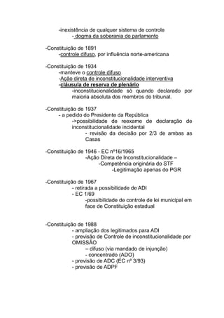 -inexistência de qualquer sistema de controle
           - dogma da soberania do parlamento

-Constituição de 1891
     -controle difuso, por influência norte-americana

-Constituição de 1934
     -manteve o controle difuso
     -Ação direta de inconstitucionalidade interventiva
     -cláusula de reserva de plenário
            -inconstitucionalidade só quando declarado por
            maioria absoluta dos membros do tribunal.

-Constituição de 1937
     - a pedido do Presidente da República
            ->possibilidade de reexame de declaração de
            inconstitucionalidade incidental
                 - revisão da decisão por 2/3 de ambas as
                 Casas

-Constituição de 1946 - EC nº16/1965
                 -Ação Direta de Inconstitucionalidade –
                      -Competência originária do STF
                            -Legitimação apenas do PGR

-Constituição de 1967
            - retirada a possibilidade de ADI
            - EC 1/69
                   -possibilidade de controle de lei municipal em
                   face de Constituição estadual


-Constituição de 1988
            - ampliação dos legitimados para ADI
            - previsão de Controle de inconstitucionalidade por
            OMISSÃO
                  – difuso (via mandado de injunção)
                  - concentrado (ADO)
            - previsão de ADC (EC nº 3/93)
            - previsão de ADPF
 