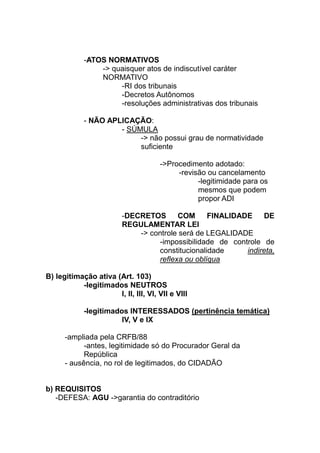 -ATOS NORMATIVOS
                -> quaisquer atos de indiscutível caráter
                NORMATIVO
                     -RI dos tribunais
                     -Decretos Autônomos
                     -resoluções administrativas dos tribunais

            - NÃO APLICAÇÃO:
                     - SÚMULA
                          -> não possui grau de normatividade
                          suficiente

                                      ->Procedimento adotado:
                                           -revisão ou cancelamento
                                                 -legitimidade para os
                                                 mesmos que podem
                                                 propor ADI

                         -DECRETOS      COM      FINALIDADE    DE
                         REGULAMENTAR LEI
                             -> controle será de LEGALIDADE
                                  -impossibilidade de controle de
                                  constitucionalidade     indireta,
                                  reflexa ou oblíqua

B) legitimação ativa (Art. 103)
           -legitimados NEUTROS
                      I, II, III, VI, VII e VIII

            -legitimados INTERESSADOS (pertinência temática)
                       IV, V e IX

      -ampliada pela CRFB/88
            -antes, legitimidade só do Procurador Geral da
            República
      - ausência, no rol de legitimados, do CIDADÃO


b) REQUISITOS
   -DEFESA: AGU ->garantia do contraditório
 