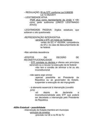 - REGULAÇÃO: RI do STF, conforme Lei 9.868/99
                        Lei 12.562/2011
          - LEGITIMIDADE ATIVA
               -PGR atua como representante da União e não
               como parte autônoma (ÚNICO LEGITIMADO
               ATIVO)

          -LEGITIMIDADE PASSIVA:        órgãos    estaduais   que
          editaram o ato questionado

          -REPRESENTAÇÃO INTERVENTIVA
                  -perante o STF, em todas as hipóteses
                       -antes da EC nº 45/2004, competência
                       do STJ, no caso de descumprimento de
                       lei federal.

          -Não admitida desistência

          -EFEITOS            DA          DECISÃO             DE
          INCONSTITUCIONALIDADE
               - STF constata ou declara a ofensa aos princípios
               sensíveis ou a recusa na execução da lei federal
                    -não tem o condão de eliminar a lei ou ato
                    inconstitucional

               -não opera erga omnes
                    -apenas possibilita ao Presidente da
                    República ou ao governador do Estado,
                    suspender a execução do ato impugnado

               - é elemento essencial à intervenção (conditio
                júris)
                       -só      depois      de     declarada     a
                       inconstitucionalidade pelo STF que poderá
                       ser decretada a intervenção pelo Presidente
                       da República.


-ADIIn Estadual – possibilidade
           -Intervenção do Estado-membro em município
                 -princípio da simetria
                       -previsão na CE e no RI do TJ
 