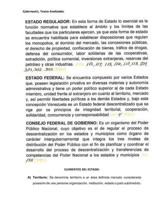Cybernautic, Textos Analizados. 
ELEMENTOS DEL ESTADO: 
A) Territorio: Se denomina territorio a un área definida menudo considerada 
posesión de una persona organización, institución, estado o país subdividido. 
 
