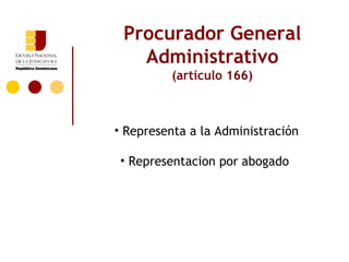Procurador General
   Administrativo
         (artículo 166)



• Representa a la Administración

 • Representacion por abogado
 