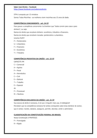 Saber mais Direito – Facebook
https://www.facebook.com/sabemaisdireito
STM é composto por 15 ministros
Somos Todos Mocinhas - as mulheres viram mocinhas aos 15 anos de idade.
COMPETÊNCIA CONCORRENTE - art. 24 CF
Para gravar a comptência concorrente é só lembrar que "todos correm para casa e para
dinheiro", ou seja:
Ramos do direito que envolvem dinheiro: econômico, tributário e financeiro.
Ramos do direito que envolvem moradia: penitenciário e urbanístico.
Ursinho PUFET
P = Penitenciário
U = Urbanístico
F = Financeiro
E = Econômico
T = Tributário
COMPETÊNCIA PRIVATIVA DA UNIÃO - art. 22 CF
CAPACETE PM
C = Comercial
A = Agrário
P = Penal
A = Aeronáutico
C = Civil
E = Eleitoral
T = Trabalho
E = Espacial
de
P = Processual
M = Marítimo
COMPETÊNCIA EXCLUSIVA DA UNIÃO - art. 21 CF
Sua escova de dente é exclusiva, é só sua e ninguém mais usa, é indelegável!
Percebam que na competência exclusiva há verbos começando cada inciso (lembrar de excluir,
que é verbo): manter, declarar, assegurar, permitir, decretar, emitir e administrar.
CLASSIFICAÇÃO DA CONSTITUIÇÃO FEDERAL DO BRASIL
Nossa Constituição é PRAFED(ê)
P = Promulgada
R = Rígida
 