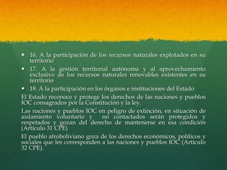  16. A la participación de los recursos naturales explotados en su
territorio
 17. A la gestión territorial autónoma y al aprovechamiento
exclusivo de los recursos naturales renovables existentes en su
territorio
 18. A la participación en los órganos e instituciones del Estado
El Estado reconoce y protege los derechos de las naciones y pueblos
IOC consagrados por la Constitución y la ley.
Las naciones y pueblos IOC en peligro de extinción, en situación de
aislamiento voluntario y no contactados serán protegidos y
respetados y gozan del derecho de mantenerse en esa condición
(Artículo 31 CPE)
El pueblo afroboliviano goza de los derechos económicos, políticos y
sociales que les corresponden a las naciones y pueblos IOC (Artículo
32 CPE).
 