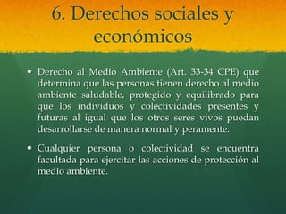 6. Derechos sociales y
económicos
 Derecho al Medio Ambiente (Art. 33-34 CPE) que
determina que las personas tienen derecho al medio
ambiente saludable, protegido y equilibrado para
que los individuos y colectividades presentes y
futuras al igual que los otros seres vivos puedan
desarrollarse de manera normal y peramente.
 Cualquier persona o colectividad se encuentra
facultada para ejercitar las acciones de protección al
medio ambiente.
 