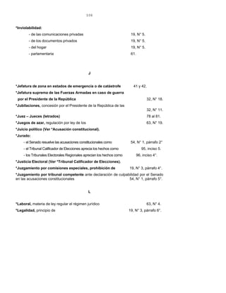 106
*Inviolabilidad:
- de las comunicaciones privadas 19, N° 5.
- de los documentos privados 19, N° 5.
- del hogar 19, N° 5.
- parlamentaria 61.
J
*Jefatura de zona en estados de emergencia o de catástrofe 41 y 42.
*Jefatura suprema de las Fuerzas Armadas en caso de guerra
por el Presidente de la República 32, N° 18.
*Jubilaciones, concesión por el Presidente de la República de las
32, N° 11.
*Juez – Jueces (letrados) 78 al 81.
*Juegos de azar, regulación por ley de los 63, N° 19.
*Juicio político (Ver *Acusación constitucional).
*Jurado:
- el Senado resuelve las acusaciones constitucionales como 54, N° 1, párrafo 2°
- el Tribunal Calificador de Elecciones aprecia los hechos como 95, inciso 5.
- los Tribunales Electorales Regionales aprecian los hechos como 96, inciso 4°.
*Justicia Electoral (Ver *Tribunal Calificador de Elecciones).
*Juzgamiento por comisiones especiales, prohibición de 19, N° 3, párrafo 4°.
*Juzgamiento por tribunal competente ante declaración de culpabilidad por el Senado
en las acusaciones constitucionales 54, N° 1, párrafo 5°.
L
*Laboral, materia de ley regular el régimen jurídico 63, N° 4.
*Legalidad, principio de 19, N° 3, párrafo 6°.
 