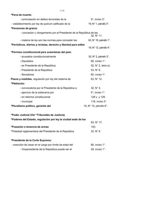 114
*Pena de muerte:
- conmutación en delitos terroristas de la 9°, inciso 3°.
- establecimiento por ley de quórum calificado de la 19, N° 1, párrafo 3°.
*Pensiones de gracia:
- concesión u otorgamiento por el Presidente de la República de las
32, N° 11.
- materia de ley son las normas para conceder las 63, N° 16, párrafo 1°.
*Periódicos, diarios y revistas, derecho y libertad para editar
19, N° 12, párrafo 4°.
*Permiso constitucional para ausentarse del país:
- acusados constitucionalmente 52, N° 2, párrafo 3°.
- Diputados 60, inciso 1°.
- ex Presidente de la República 52, N° 2, letra a).
- Presidente de la República 53, N° 6.
- Senadores 60, inciso 1°.
Pesos y medidas, regulación por ley del sistema de 63, N° 12.
*Plebiscito:
- convocatoria por el Presidente de la República a 32, N° 4.
- ejercicio de la soberanía por 5°, inciso 1°.
- en reforma constitucional 128 y y 129.
- municipal 118, inciso 5°.
*Pluralismo político, garantía del 19, N° 15, párrafo 6°.
*Poder Judicial (Ver *Tribunales de Justicia).
*Poderes del Estado, regulación por ley la ciudad sede de los
63, N° 17.
*Posesión o tenencia de armas 103.
*Potestad reglamentaria del Presidente de la República 32, N° 8.
*Presidente de la Corte Suprema:
- exención de cesar en el cargo por límite de edad del 80, inciso 1°.
- Vicepresidente de la República puede ser el 28, inciso 1°.
 
