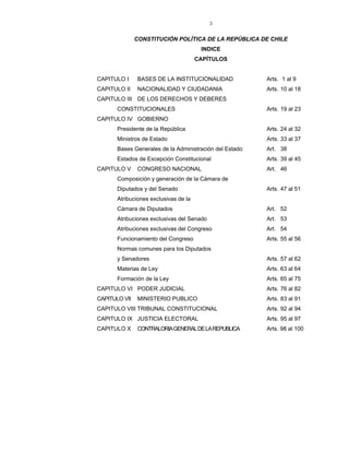 3
CONSTITUCIÓN POLÍTICA DE LA REPÚBLICA DE CHILE
INDICE
CAPÍTULOS
CAPITULO I BASES DE LA INSTITUCIONALIDAD Arts. 1 al 9
CAPITULO II NACIONALIDAD Y CIUDADANIA Arts. 10 al 18
CAPITULO III DE LOS DERECHOS Y DEBERES
CONSTITUCIONALES Arts. 19 al 23
CAPITULO IV GOBIERNO
Presidente de la República Arts. 24 al 32
Ministros de Estado Arts. 33 al 37
Bases Generales de la Administración del Estado Art. 38
Estados de Excepción Constitucional Arts. 39 al 45
CAPITULO V CONGRESO NACIONAL Art. 46
Composición y generación de la Cámara de
Diputados y del Senado Arts. 47 al 51
Atribuciones exclusivas de la
Cámara de Diputados Art. 52
Atribuciones exclusivas del Senado Art. 53
Atribuciones exclusivas del Congreso Art. 54
Funcionamiento del Congreso Arts. 55 al 56
Normas comunes para los Diputados
y Senadores Arts. 57 al 62
Materias de Ley Arts. 63 al 64
Formación de la Ley Arts. 65 al 75
CAPITULO VI PODER JUDICIAL Arts. 76 al 82
CAPITULO VII MINISTERIO PUBLICO Arts. 83 al 91
CAPITULO VIII TRIBUNAL CONSTITUCIONAL Arts. 92 al 94
CAPITULO IX JUSTICIA ELECTORAL Arts. 95 al 97
CAPITULO X CONTRALORIAGENERALDELAREPUBLICA Arts. 98 al 100
 