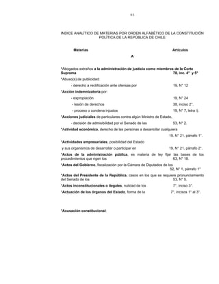 85
INDICE ANALÍTICO DE MATERIAS POR ORDEN ALFABÉTICO DE LA CONSTITUCIÓN
POLÍTICA DE LA REPÚBLICA DE CHILE
Materias Artículos
A
*Abogados extraños a la administración de justicia como miembros de la Corte
Suprema 78, inc. 4° y 5°
*Abuso(s) de publicidad:
- derecho a rectificación ante ofensas por 19, N° 12
*Acción indemnizatoria por:
- expropiación 19, N° 24
- lesión de derechos 38, inciso 2°.
- proceso o condena injustos 19, N° 7, letra i).
*Acciones judiciales de particulares contra algún Ministro de Estado,
- decisión de admisibilidad por el Senado de las 53, N° 2.
*Actividad económica, derecho de las personas a desarrollar cualquiera
19, N° 21, párrafo 1°.
*Actividades empresariales, posibilidad del Estado
y sus organismos de desarrollar o participar en 19, N° 21, párrafo 2°.
*Actos de la administración pública, es materia de ley fijar las bases de los
procedimientos que rigen los 63, N° 18.
*Actos del Gobierno, fiscalización por la Cámara de Diputados de los
52, N° 1, párrafo 1°
*Actos del Presidente de la República, casos en los que se requiere pronunciamiento
del Senado de los 53, N° 5.
*Actos inconstitucionales o ilegales, nulidad de los 7°, inciso 3°.
*Actuación de los órganos del Estado, forma de la 7°, incisos 1° al 3°.
*Acusación constitucional:
 