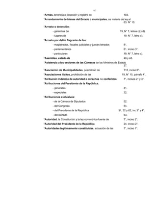 87
*Armas, tenencia o posesión y registro de 103.
*Arrendamiento de bienes del Estado o municipales, es materia de ley el
63, N° 10.
*Arresto o detención:
- garantías del 19, N° 7, letras c) y d).
- lugares de 19, N° 7, letra d).
*Arresto por delito flagrante de los:
- magistrados, fiscales judiciales y jueces letrados 81.
- parlamentarios 61, inciso 3°.
- particulares 19, N° 7, letra c).
*Asamblea, estado de 40 y 43.
*Asistencia a las sesiones de las Cámaras de los Ministros de Estado
37.
*Asociación de Municipalidades, posibilidad de 118, inciso 6°.
*Asociaciones ilícitas, prohibición de las 19, N° 15, párrafo 4°.
*Atribución indebida de autoridad o derechos no conferidos 7°, incisos 2° y 3°.
*Atribuciones del Presidente de la República:
- generales 31.
- especiales 32.
*Atribuciones exclusivas:
- de la Cámara de Diputados 52.
- del Congreso 54.
- del Presidente de la República 31, 32 y 62, inc.3° y 4°.
- del Senado 53.
*Autoridad, la Constitución y la ley como única fuente de 7°, inciso 2°.
*Autoridad del Presidente de la República 24, inciso 2°.
*Autoridades legítimamente constituidas, actuación de las 7°, inciso 1°.
 