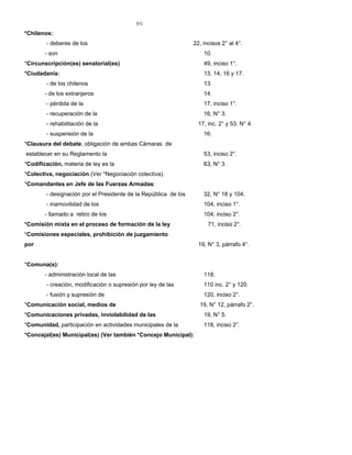 90
*Chilenos:
- deberes de los 22, incisos 2° al 4°.
- son 10.
*Circunscripción(es) senatorial(es) 49, inciso 1°.
*Ciudadanía: 13, 14, 16 y 17.
- de los chilenos 13.
- de los extranjeros 14.
- pérdida de la 17, inciso 1°.
- recuperación de la 16, N° 3.
- rehabilitación de la 17, inc. 2° y 53, N° 4.
- suspensión de la 16.
*Clausura del debate, obligación de ambas Cámaras de
establecer en su Reglamento la 53, inciso 2°.
*Codificación, materia de ley es la 63, N° 3.
*Colectiva, negociación (Ver *Negociación colectiva).
*Comandantes en Jefe de las Fuerzas Armadas:
- designación por el Presidente de la República de los 32, N° 18 y 104.
- inamovilidad de los 104, inciso 1°.
- llamado a retiro de los 104, inciso 2°.
*Comisión mixta en el proceso de formación de la ley 71, inciso 2°.
*Comisiones especiales, prohibición de juzgamiento
por 19, N° 3, párrafo 4°.
*Comuna(s):
- administración local de las 118.
- creación, modificación o supresión por ley de las 110 inc. 2° y 120.
- fusión y supresión de 120, inciso 2°.
*Comunicación social, medios de 19, N° 12, párrafo 2°.
*Comunicaciones privadas, inviolabilidad de las 19, N° 5.
*Comunidad, participación en actividades municipales de la 118, inciso 2°.
*Concejal(es) Municipal(es) (Ver también *Concejo Municipal):
 