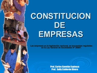 CONSTITUCION DE  EMPRESAS Las empresas en la legislación nacional, se encuentran reguladas en la Ley General de Sociedades N° 26887. Prof. Carlos Gavelán Espinoza Prof.  Sully Calderón Rivera 