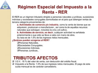 Régimen Especial del Impuesto a la
Renta - RER
El RER es un régimen tributario dirigido a personas naturales y jurídicas, ...