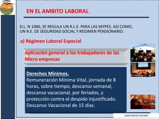 EN EL AMBITO LABORAL 
D.L. N 1086, SE REGULA UN R.L.E. PARA LAS MYPES. ASI COMO, 
UN R.E. DE SEGURIDAD SOCIAL Y REGIMEN PENSIONARIO. 
a) Régimen Laboral Especial 
Aplicación general a los trabajadores de las 
Micro empresas 
Derechos Mínimos. 
Remuneración Mínima Vital, jornada de 8 
horas, sobre tiempo, descanso semanal, 
descanso vacacional, por feriados, y 
protección contra el despido injustificado. 
Descanso Vacacional de 15 días. 
JUAN DAVILA ZELADA 
 