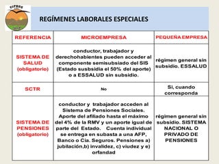 REGÍMENES LABORALES ESPECIALES 
REFERENCIA MICROEMPRESA PEQUEÑA EMPRESA 
SISTEMA DE 
SALUD 
(obligatorio) 
conductor, trabajador y 
derechohabientes pueden acceder al 
componente semisubsiado del SIS 
(Estado susbsidia el 50% del aporte) 
o a ESSALUD sin subsidio. 
régimen general sin 
subsidio. ESSALUD 
SCTR No Si, cuando 
corresponda 
SISTEMA DE 
PENSIONES 
(obligatorio) 
conductor y trabajador acceden al 
Sistema de Pensiones Sociales. 
Aporte del afiliado hasta el máximo 
del 4% de la RMV y un aporte igual de 
parte del Estado. Cuenta individual 
se entrega en subasta a una AFP, 
Banco o Cia. Seguros. Pensiones a) 
jubilación,b) invalidez, c) viudez y e) 
orfandad 
régimen general sin 
subsidio. SISTEMA 
NACIONAL O 
PRIVADO DE 
PENSIONES 
 