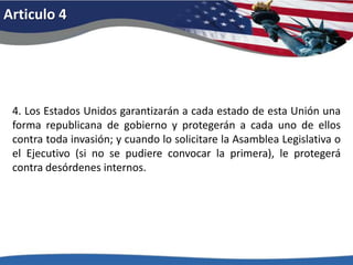 Articulo 44. Los Estados Unidos garantizarán a cada estado de esta Unión una forma republicana de gobierno y protegerán a cada uno de ellos contra toda invasión; y cuando lo solicitare la Asamblea Legislativa o el Ejecutivo (si no se pudiere convocar la primera), le protegerá contra desórdenes internos. 