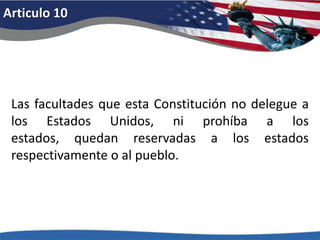 Enmienda XXVI: Julio 5, 1971.Articulo 1El Congreso no aprobará ninguna ley con respecto al establecimiento de religión alguna, o que prohíba el libre ejercicio de la misma o que coarte la libertad de palabra o de prensa; o el derecho del pueblo a reunirse pacíficamente y a solicitar del Gobierno la reparación de agravios. 